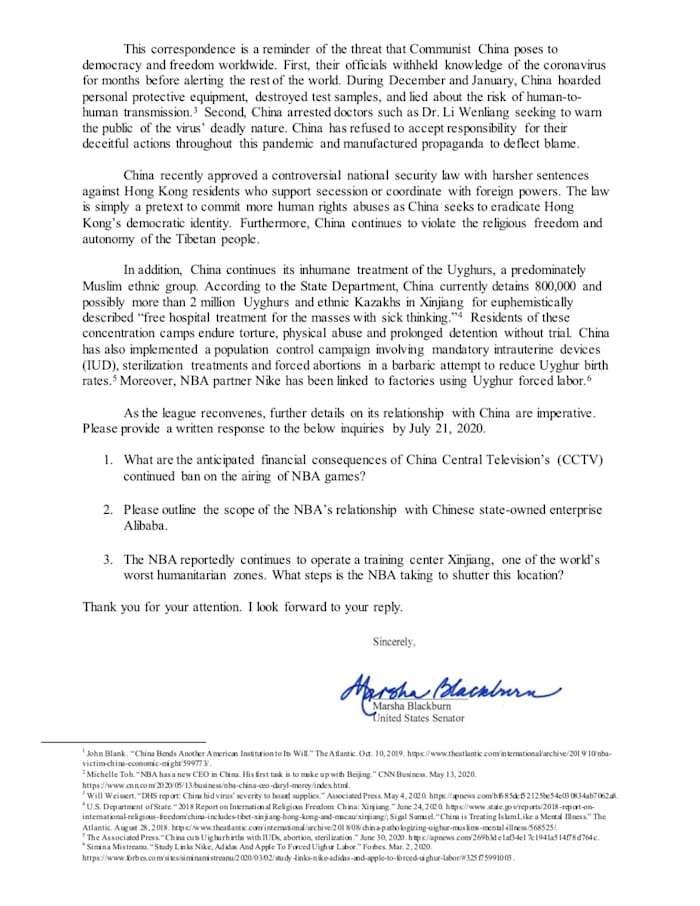 Blackburn NBA letter